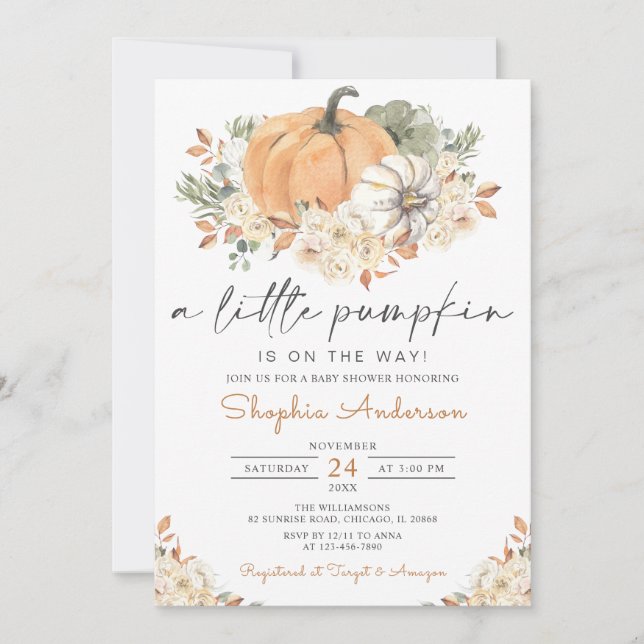 Invitación Otoño Floral Cae Un Pequeño Baby Shower De Calabaz (Anverso)