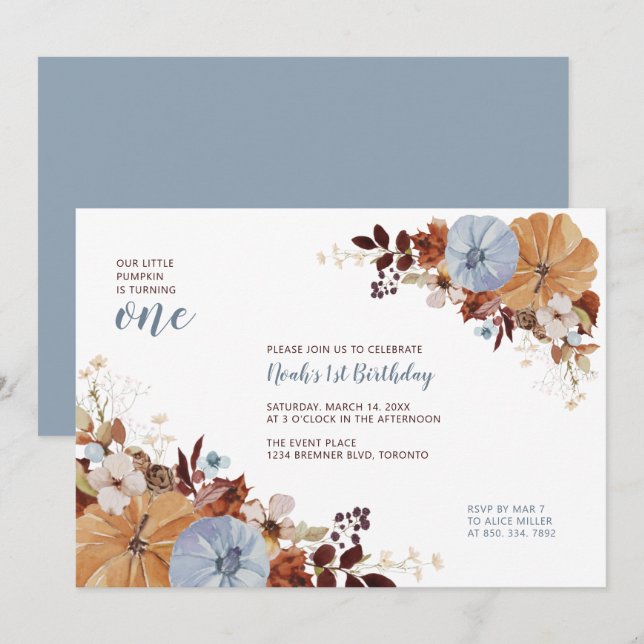 Invitación Otoño Floral & Calabaza Primer Fiesta de cumpleaño (Anverso / Reverso)