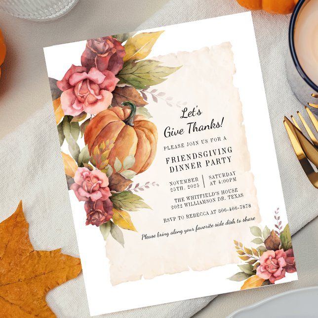 Invitación Otoño Floral Calabaza Rústica Friendsgiving (Lets Give Thanks Thanksgiving Dinner Floral Pumpkin Invitation)