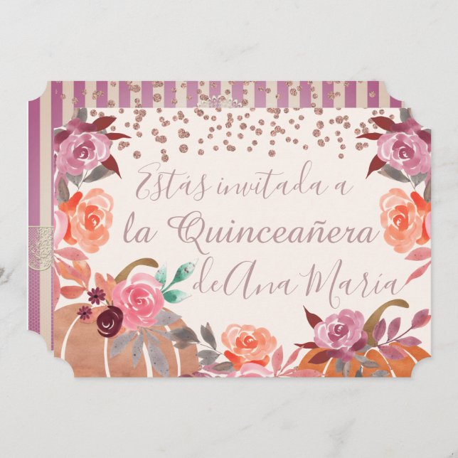 Invitación Otoño Floral de Borgoña Quinceanera Celebración (Anverso / Reverso)