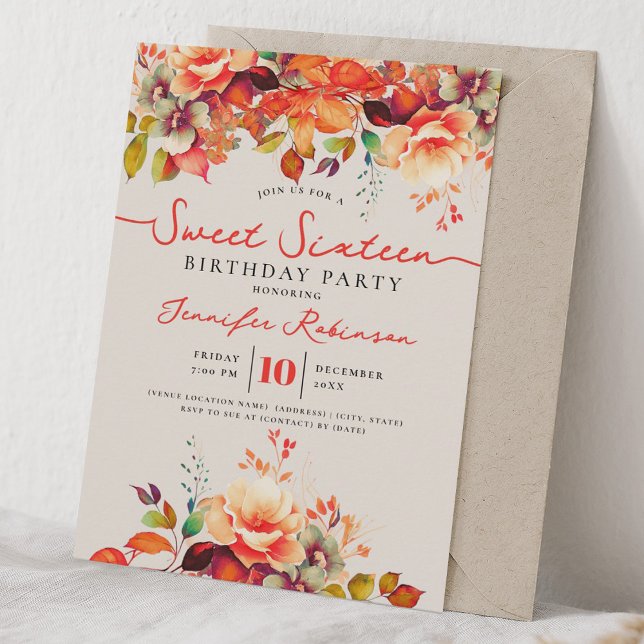 Invitación Otoño Floral Dulces 16 Cumpleaños Champán (Autumn Fall Floral Sweet 16 Birthday Champagne Invitation)