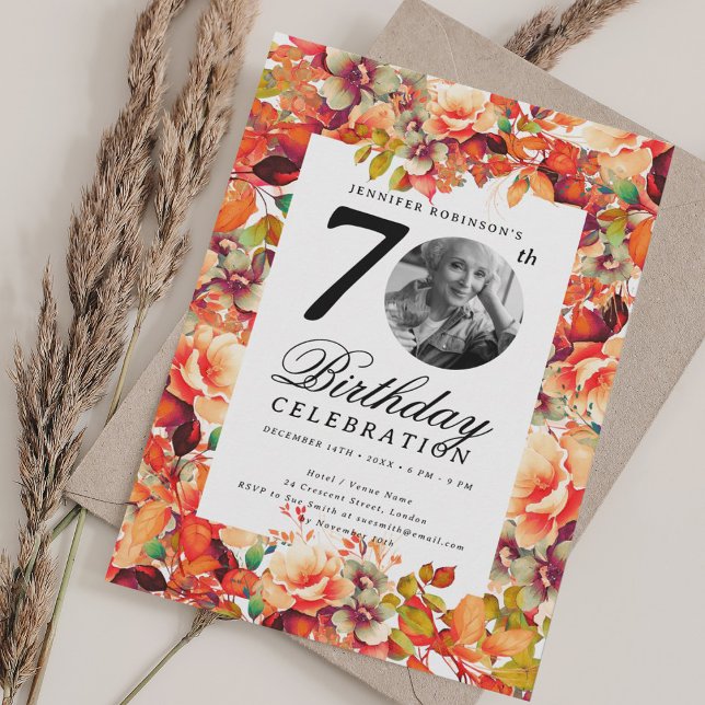 Invitación Otoño Floral Garden de otoño foto 70º cumpleaños (Fall Autumn Floral Garden Photo 70th Birthday Invitation)