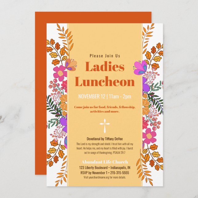 Invitación Otoño Floral Ladies Iglesia Luncheon In (Anverso / Reverso)
