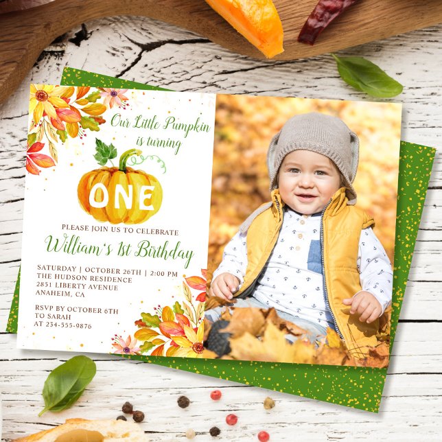 Invitación Otoño Floral Leaves Calabaza Primer cumpleaños Fot (Subido por el creador)
