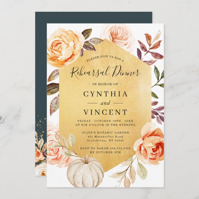 Invitación Otoño Floral Lujo Dorado Boda Ensayo Cena (Anverso / Reverso)