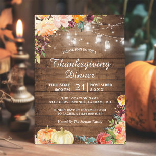 Invitación Otoño Floral Mason Jar Ilustra Cena De Acción De G