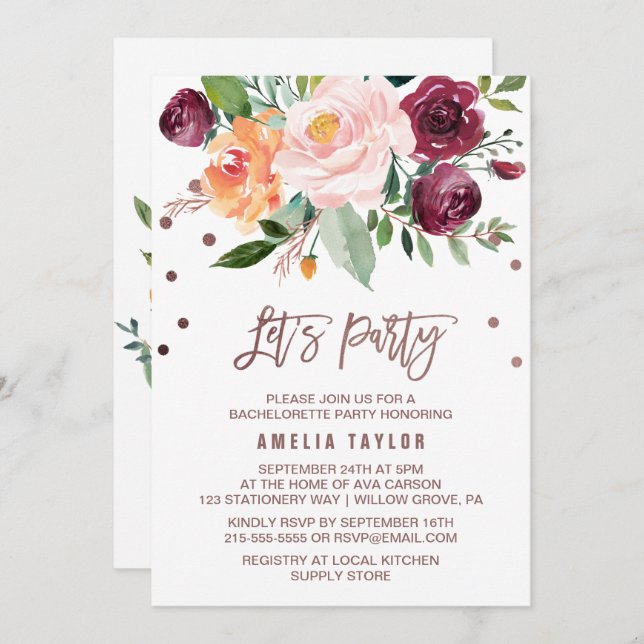 Invitación Otoño Floral Rosa de oro Wreath Let's Fiesta (Anverso / Reverso)