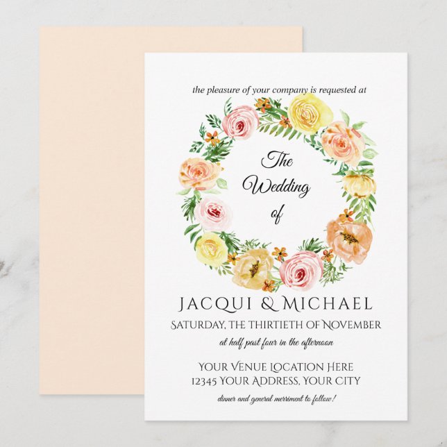 Invitación Otoño Floral Wreath Amarillo en la piel Rosas Wrea (Anverso / Reverso)