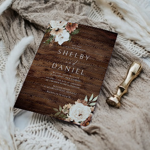 Invitación Otoño Flores bohemias Boda de madera rústica