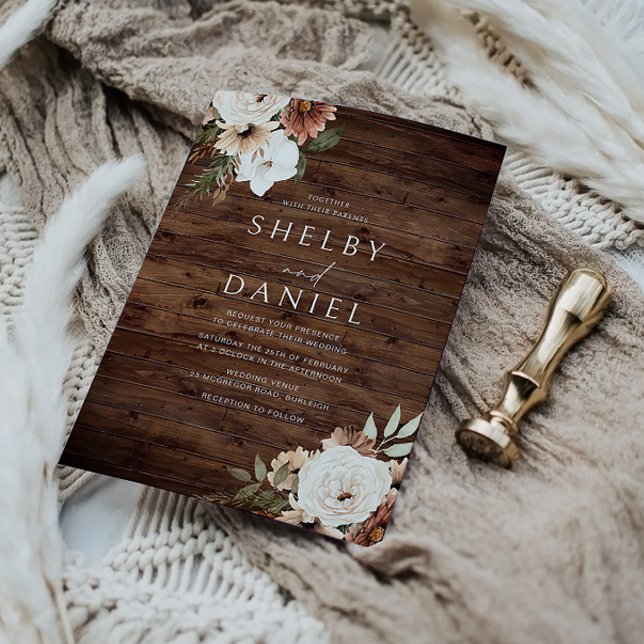 Invitación Otoño Flores bohemias Boda de madera rústica (Subido por el creador)