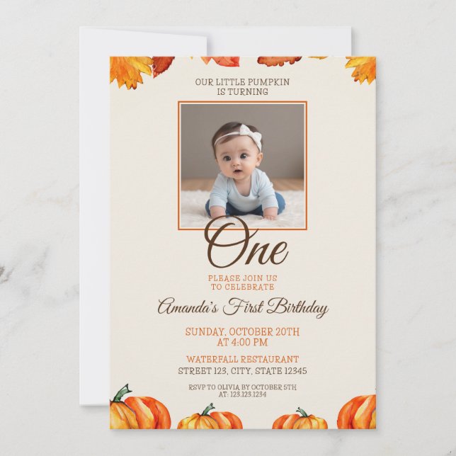Invitación Otoño Foto Bebé Calabaza Primer cumpleaños (Anverso)