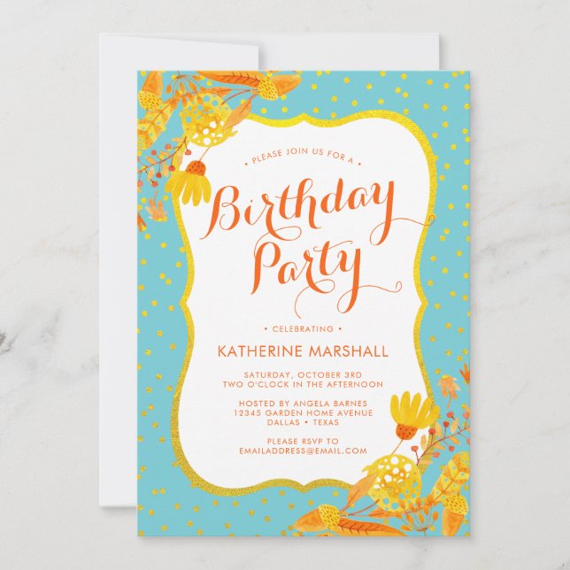 Invitación Otoño Golden Twigs Aqua Cumpleaños (Anverso)