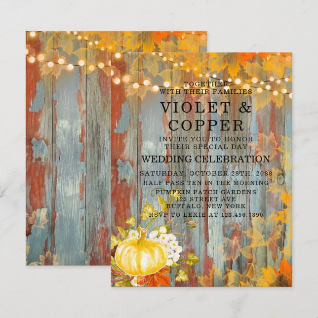 Invitación Otoño Luces de Oro Boda de Peonía de Calabaza (Anverso / Reverso)