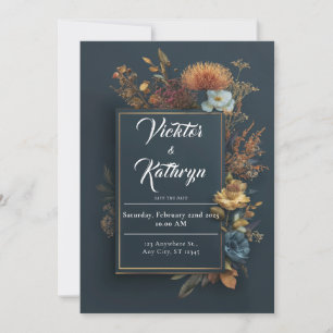 Invitación Otoño Malhumorado Azul Profundo Floral Dorado Boda