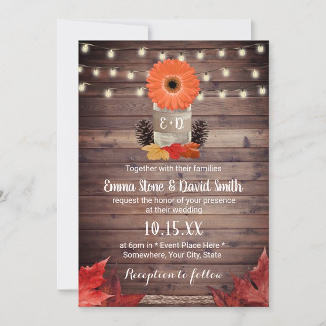 Invitación Otoño Mason Jar Rustic Fall Wedding (Anverso)