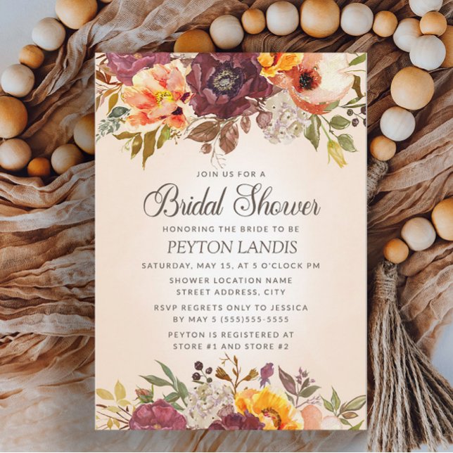 Invitación Otoño Naranja floral de otoño ducha de novia rojiz (Burgundy and orange floral fall bridal shower invitation)