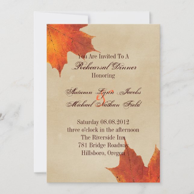 Invitación Otoño Naranja otoño Sale de la cena de ensayo Boda (Anverso)