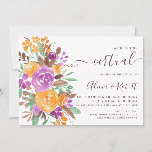 Invitación Otoño naranja púrpura boda virtual floral (Anverso)