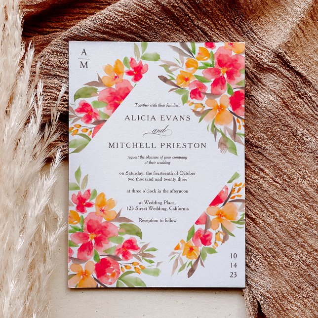 Invitación Otoño naranja rojo  boda de acuarela floral (Subido por el creador)