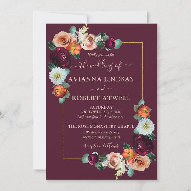 Invitación Otoño Naranja Rojo Borgoña Boda Floral Rubor En (Anverso)
