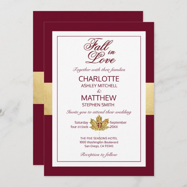 Invitación Otoño Oro Borgoña cae en Boda AMOR (Anverso / Reverso)