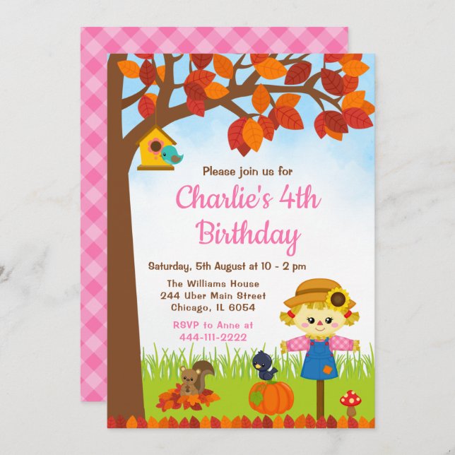 Invitación Otoño otoño Chica Scarecrow Cumpleaños (Anverso / Reverso)