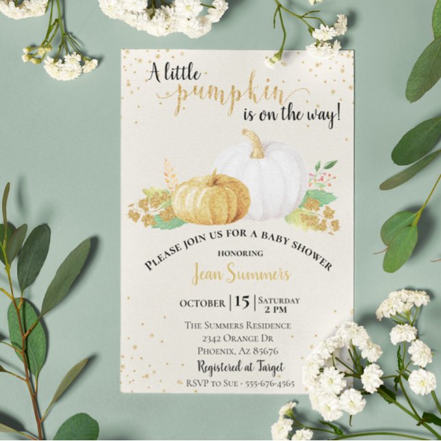 Invitación Otoño otoño de calabaza blanca Purpurina de oro de (Subido por el creador)