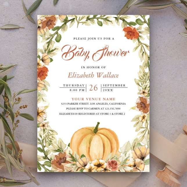 Invitación Otoño Otoño Earthy Floral Pumpkin Baby Shower (Subido por el creador)