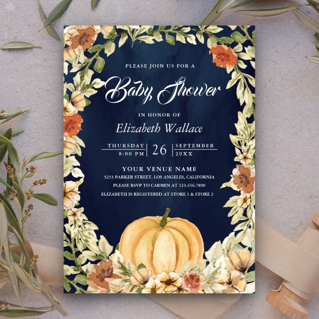 Invitación Otoño Otoño Earthy Floral Pumpkin Naval Baby Showe (Subido por el creador)