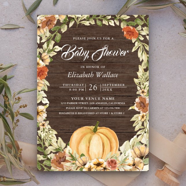 Invitación Otoño Otoño Earthy Floral Pumpkin Wood Baby Shower (Subido por el creador)