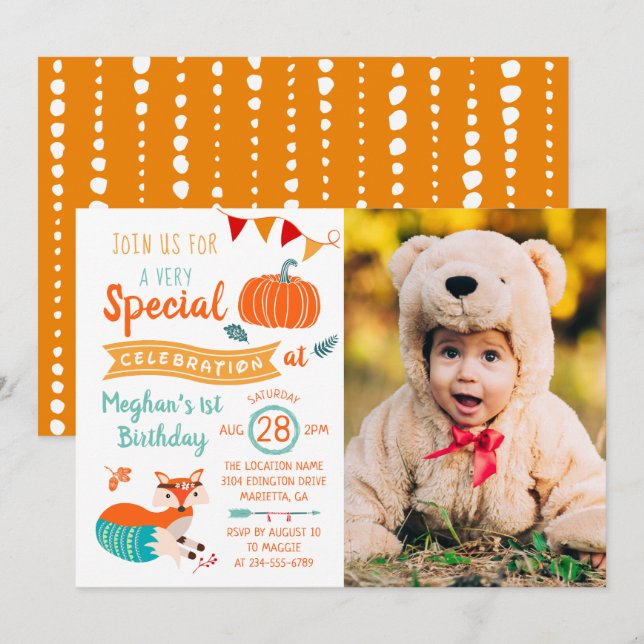 Invitación Otoño Otoño Woodland Fox Pumpkin Photo Birday (Anverso / Reverso)