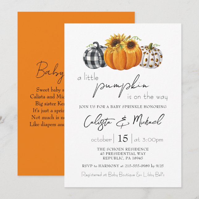 Invitación Otoño Parejas De Calabaza Pequeña Espolvorea Bebé (Anverso / Reverso)
