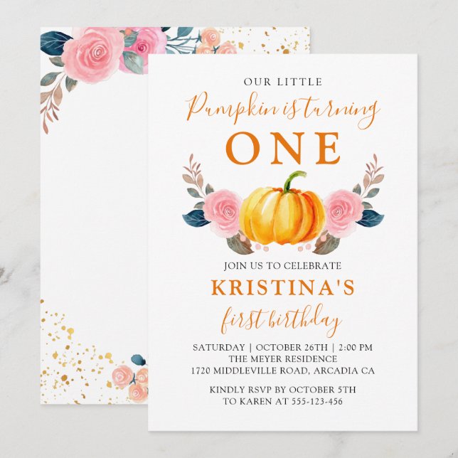 Invitación Otoño Pequeña Calabaza Floral Rosa Primer Cumpleañ (Anverso / Reverso)