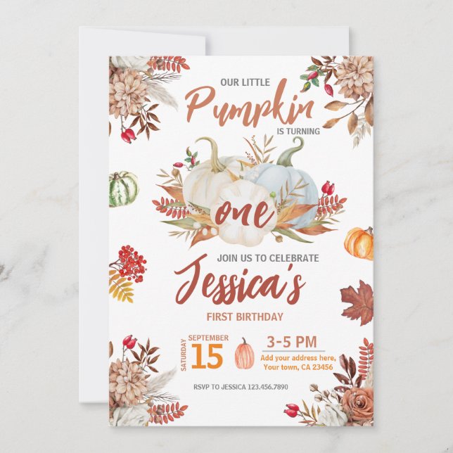 Invitación Otoño Pequeña Calabaza Se Vuelve Un Cumpleaños De  (Anverso)