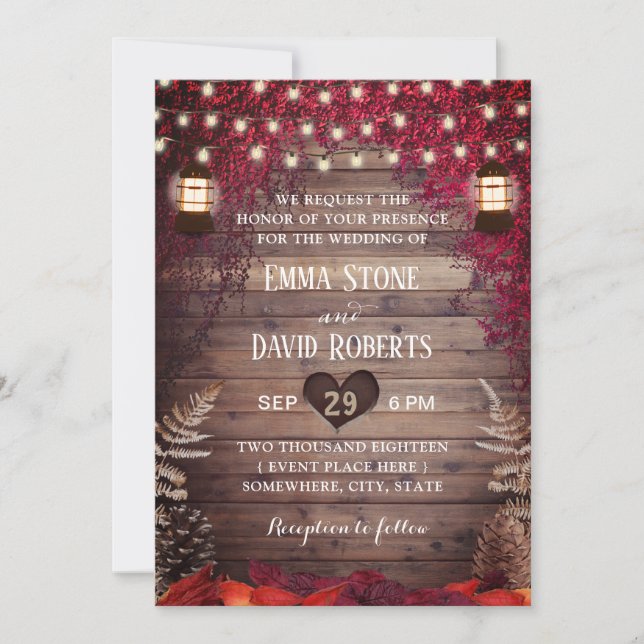 Invitación Otoño Rojo Sale Rústica Fall Wedding (Anverso)
