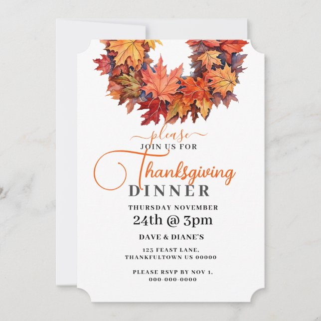 Invitación Otoño Rojo y Naranja deja el día de Acción de Grac (Anverso)