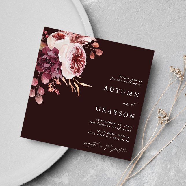 Invitación Otoño Romance Borgoña Plaza Boda Floral (Subido por el creador)