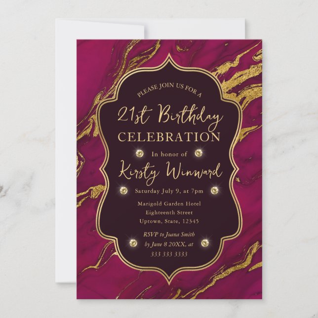 Invitación Otoño Rosa y Dorado Mármol Cumpleaños 21 (Anverso)