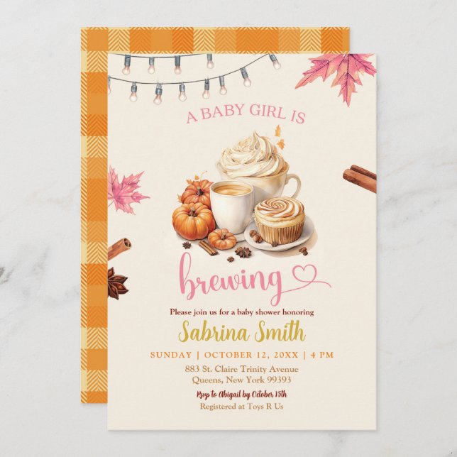 Invitación Otoño rosado deja Baby Shower de calabaza (Anverso / Reverso)