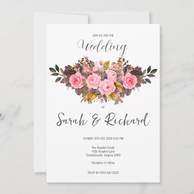 Invitación Otoño Rubor Rústica Rosa Boda de Caída (Anverso)