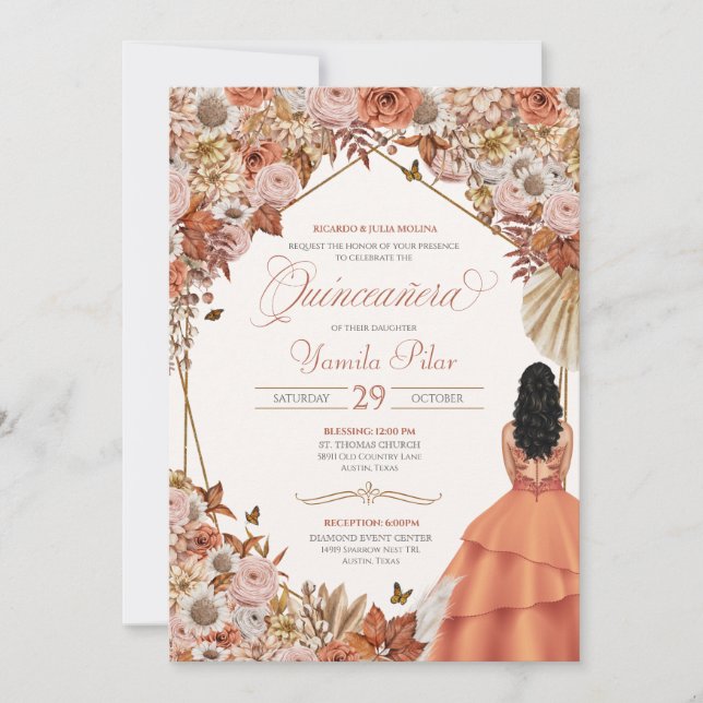 Invitación Otoño Rust Dried Floral Fall Sale Quinceanera (Anverso)