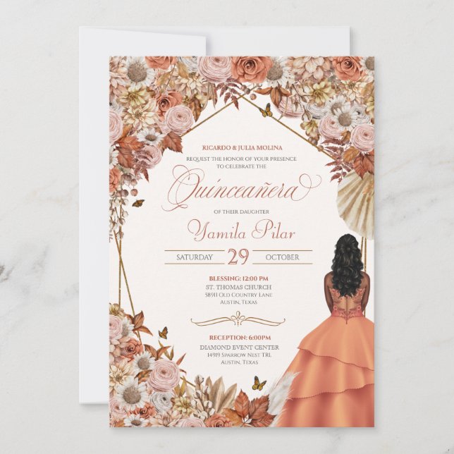 Invitación Otoño Rust Dried Floral Fall Sale Quinceanera I (Anverso)