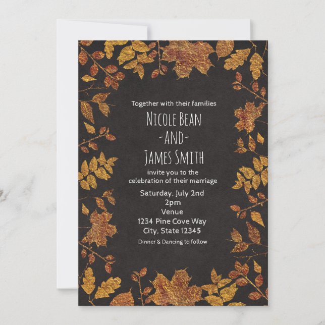 Invitación Otoño Rustic Golden Leaves Elegante Boda (Anverso)