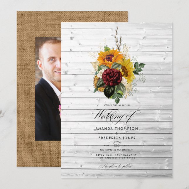 Invitación Otoño Rústico - Boda de Campo Floral en el Granero (Anverso / Reverso)