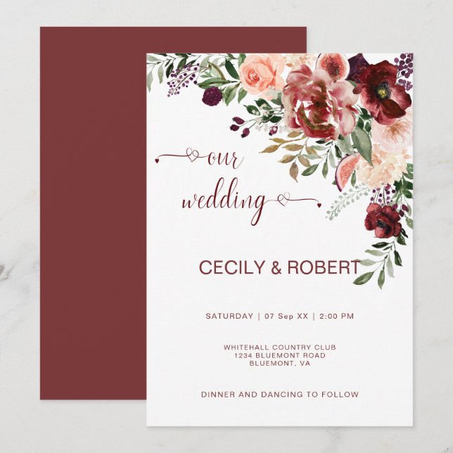 Invitación Otoño Rústico Boho Flores Acuarela Corazón Script (Anverso / Reverso)