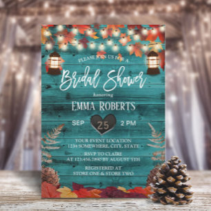 Invitación Otoño rústico deja una ducha de novia Verde azulad