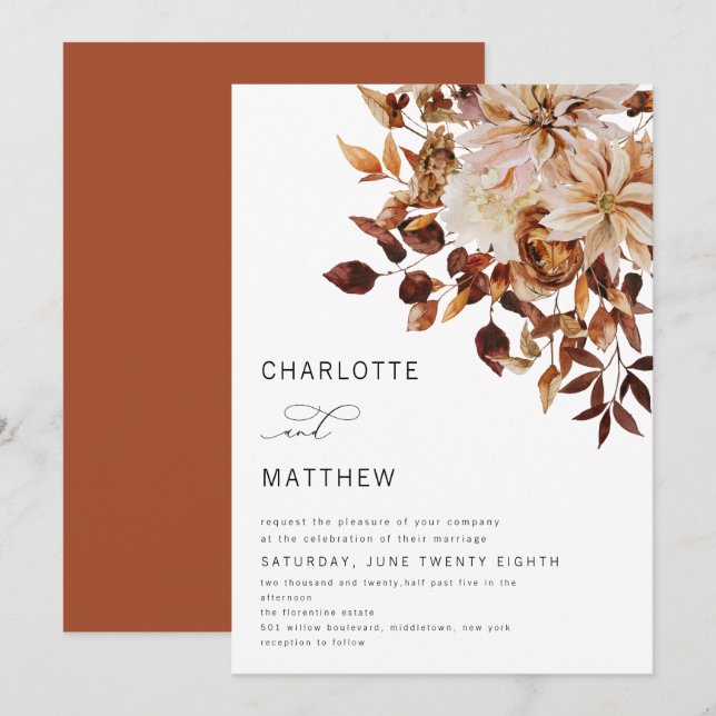 Invitación Otoño Rústico del Boho deja a Boda floral (Anverso / Reverso)