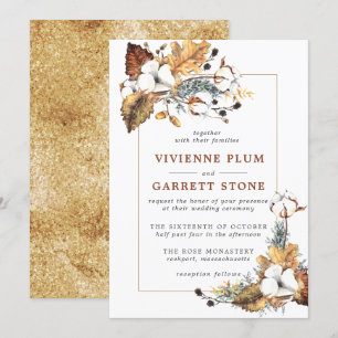 Invitación Otoño rústico floral blanco deja Boda