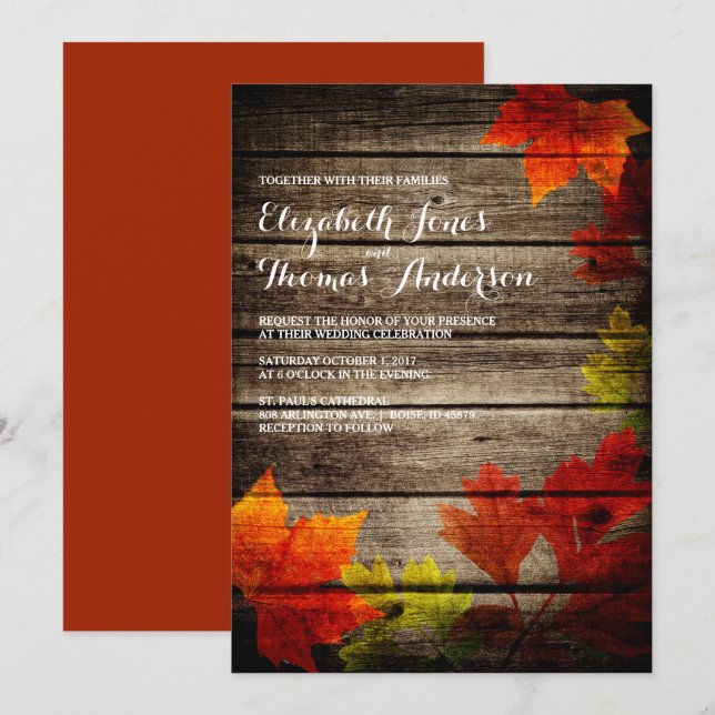 Invitación Otoño Sale Boda Rústica de Caída de Madera de Hier (Anverso / Reverso)