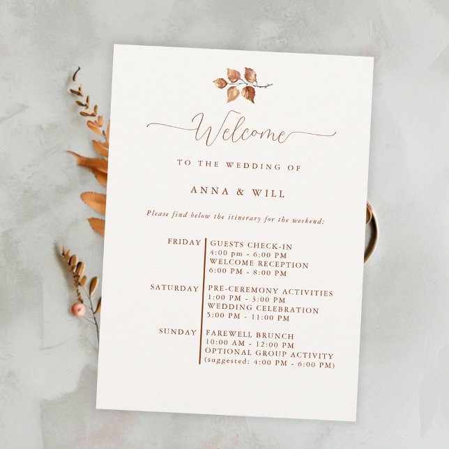 Invitación Otoño Sale Elegante Boho Fall Wedding Itinerario (autumn fall wedding itinerary elegant bohemian terracotta calligraphy modern simple leaves foliage)